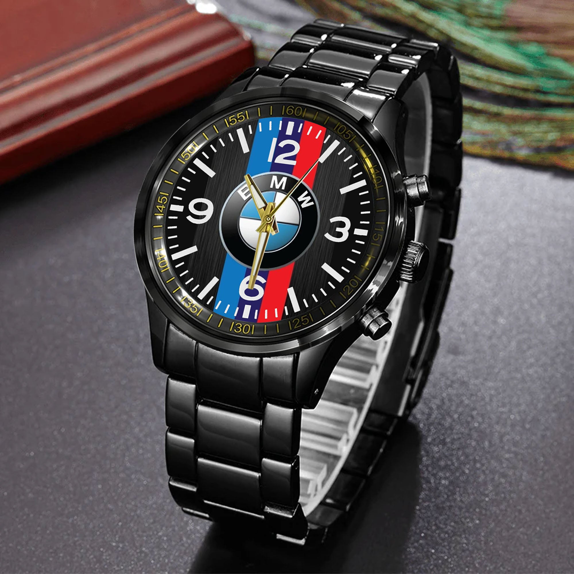 BMW M Stripes Logo Black Stainless Steel Watch