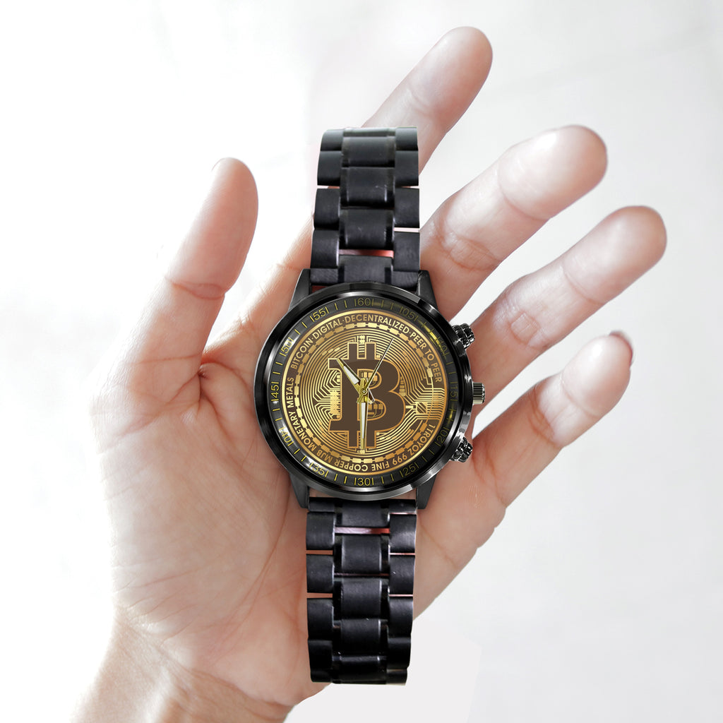 Bitcoin BTC Cryptocurrency Logo Black Stainless Steel Watch