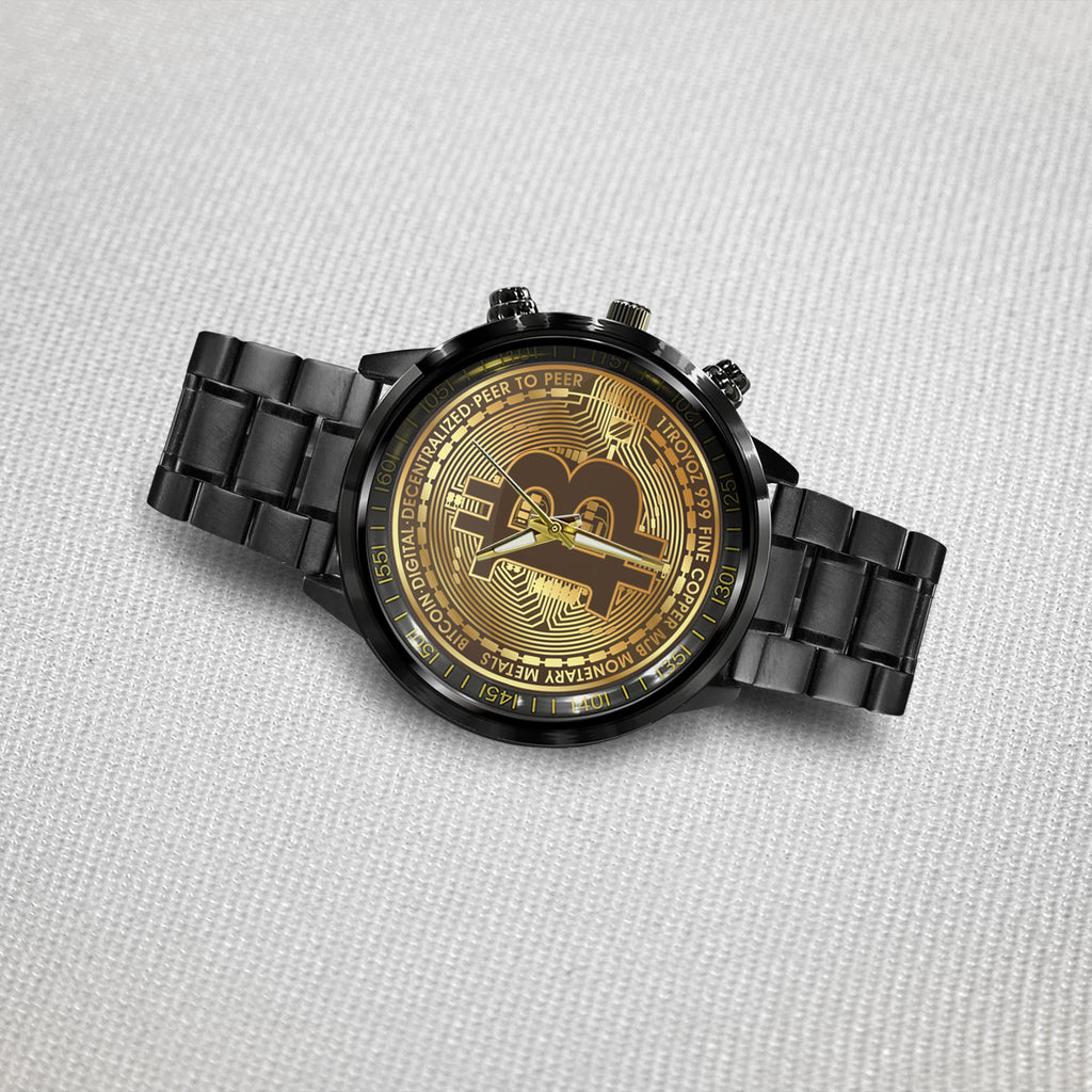 Bitcoin BTC Cryptocurrency Logo Black Stainless Steel Watch