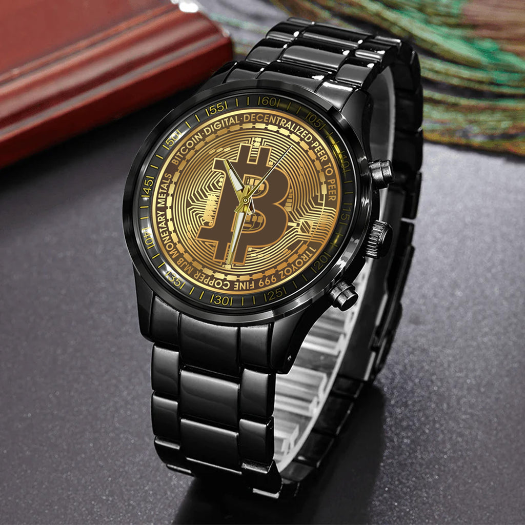 Bitcoin BTC Cryptocurrency Logo Black Stainless Steel Watch