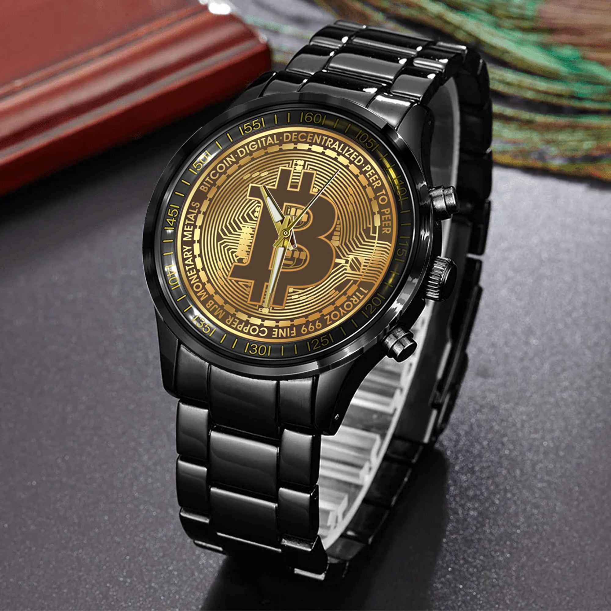 Bitcoin BTC Cryptocurrency Logo Black Stainless Steel Watch