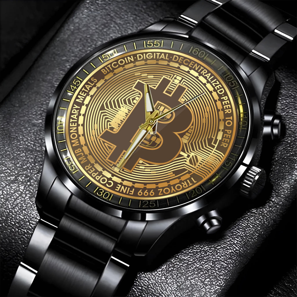 Bitcoin BTC Cryptocurrency Logo Black Stainless Steel Watch