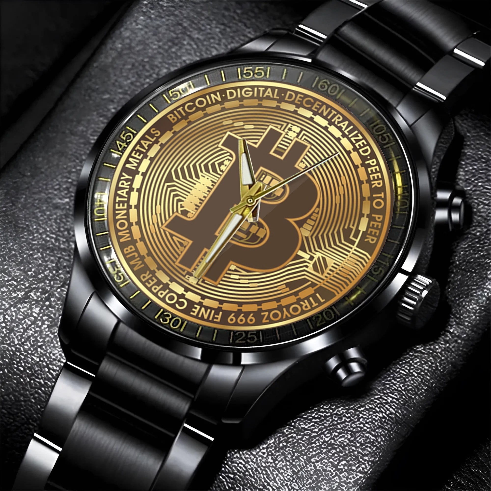Bitcoin BTC Cryptocurrency Logo Black Stainless Steel Watch